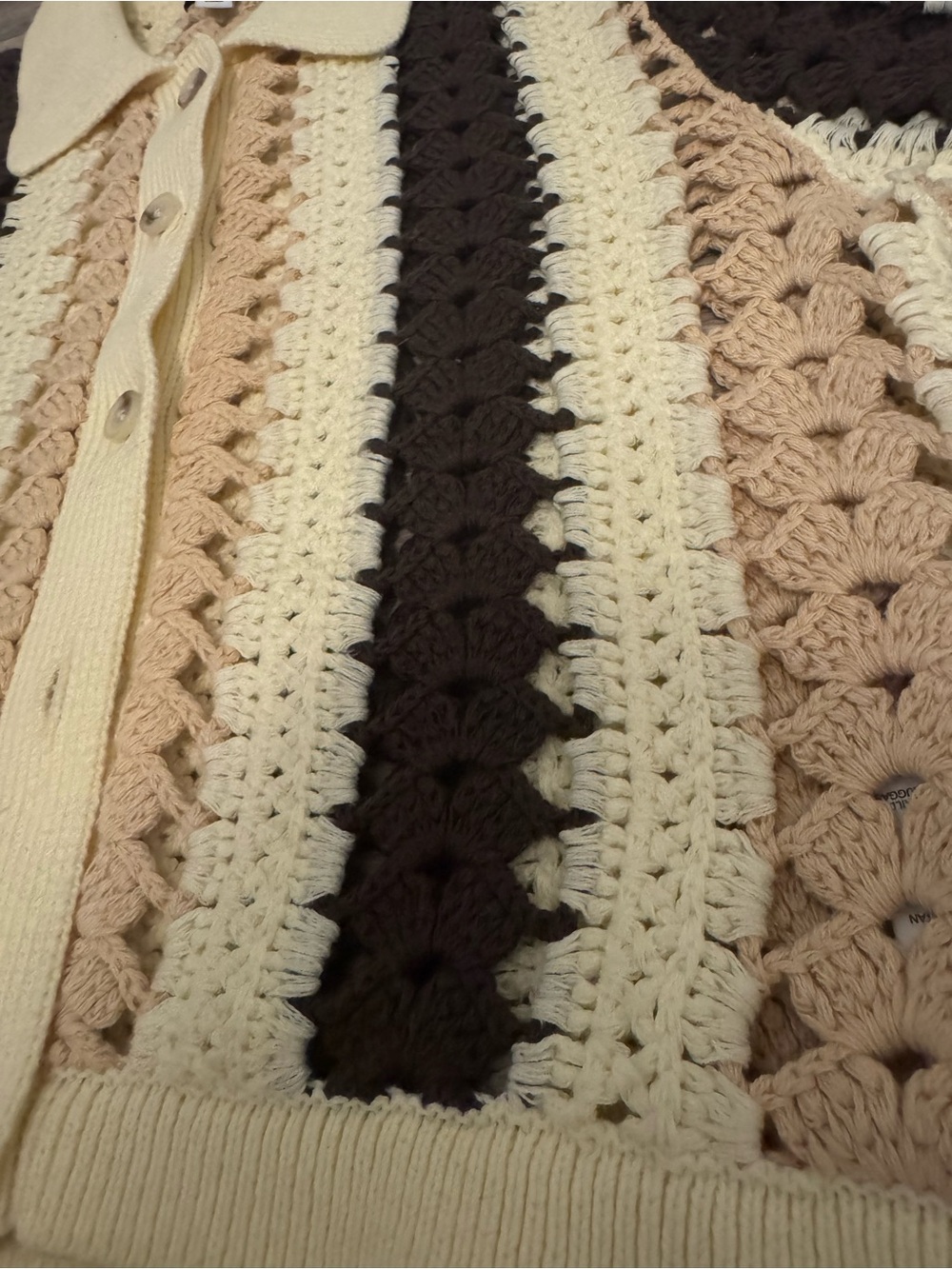Reiss Crochet Knit Striped Collared Cardigan Cream Brown Beige Size M - Picture 4 of 11
